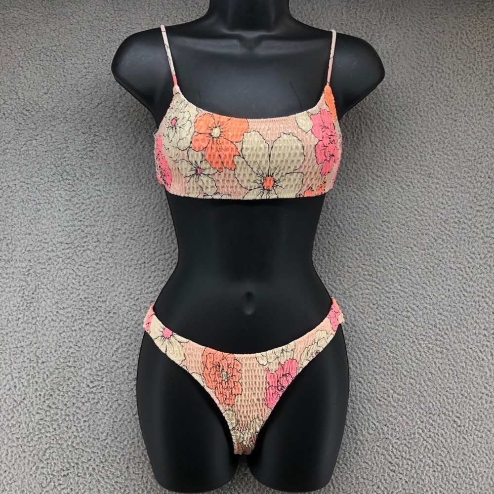 Triangl Bikini Set Women Medium Orange Pink Floral Smocked High Leg Bralette
